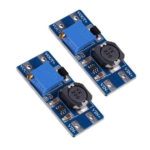 DC To DC Boost Converter Adjustable Power Supply Module 2A Two Pack For Electronics And Digital Gadgets High Efficiency Over 93 Percent Compact Dope Gear 36 X 17mm PCB Board, two blue modules