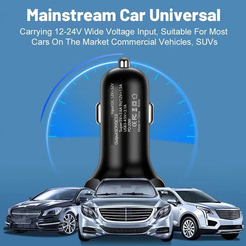 High Power USB C Car Charger 6 In 1 With Voltage Display 250W Multi Port Cigarette Lighter Adapter shown with cars