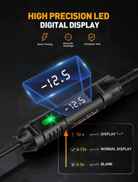 Pro Grade Heavy Duty Circuit Tester With Buzzer And 3 To 72V DC LED Voltmeter Automotive Light Tester With Illumination And Fuse Check Stainless Steel Probe And Safe ABS Body For Quick Electrical Diagnostics, black handheld display