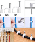 Boss Level Cable Management Kit for TV and Office with 328 Pieces, nail and plastic clips securing cables on surfaces