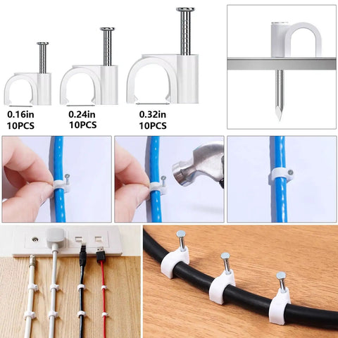 Boss Level Cable Management Kit for TV and Office with 328 Pieces, nail and plastic clips securing cables on surfaces