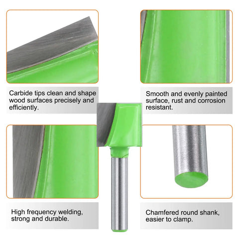 Detailed view of Bottom Cleaning Router Bits Kit, Heavy Duty 2 Pack with carbide tips and round shank for CNC planing and mortising.