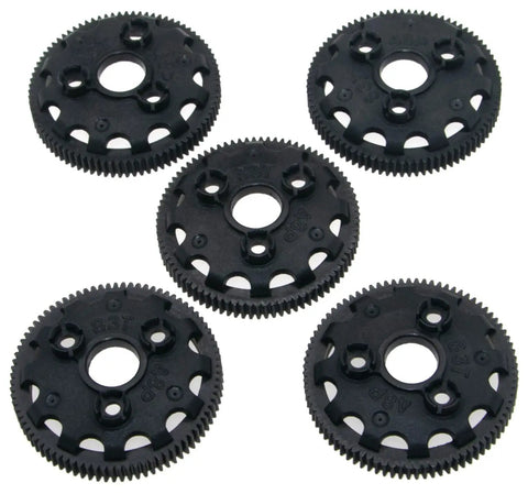 Five black Traxxas 48P Spur Gear 4690 Compatible With One Tenth Scale Slash Bandit Rustler Stampede 2WD, 83T CNC machined plastic gears.