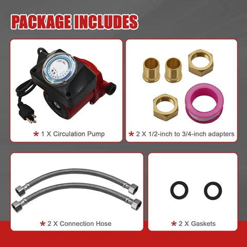 Straight Up Replace Grundfos Hot Water Circulator Pump Up15 10Su7P TLC 115 Volt 25 Watt package contents including pump, hoses, adapters, and gaskets.