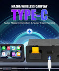 Mazda Type-C Wireless CarPlay Retrofit Kit for MZD Connect System 2015 2020 Models shown with USB ports and display screen.