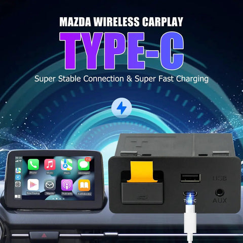 Mazda Type-C Wireless CarPlay Retrofit Kit for MZD Connect System 2015 2020 Models shown with USB ports and display screen.
