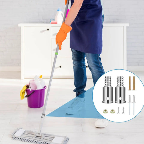 Person cleaning floor with mop and inset of Three Quarters Inch Threaded Tip Replacement Kit For Wood Or Metal Poles