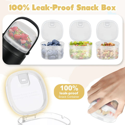 Keep It Sizzling Hot Soup Thermos With Secure Split Snack Cup Grab And Go Leak Free Insulated Lunch Jar For Kids And Adults Stainless Steel Double Wall Vacuum Food Container With Spoon Black with leak-proof snack containers.