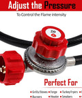 Gas propane regulator with red adjustment knob and black hose, 0-20 psi, QCC-1 connector (front view)