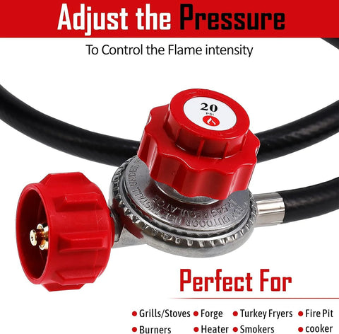Gas propane regulator with red adjustment knob and black hose, 0-20 psi, QCC-1 connector (front view)