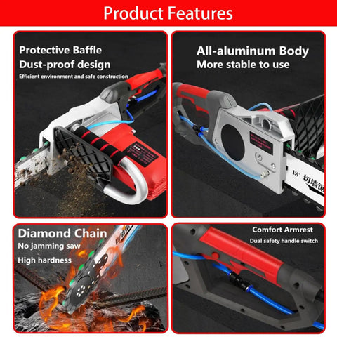 Powerful 5800W 6500W Electric Concrete Saw With Water Fed Dust Suppression showing protective baffle and diamond chain features.