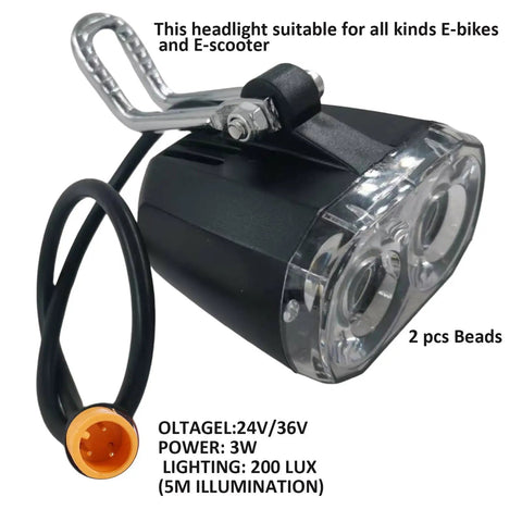 Ebike Front Light With 3 Pin Male Waterproof Connector For 24V 36V Ebikes And E Scooters Beefy High Power LED Bulb