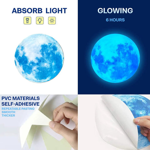 Night Sky Glow Stars Ceiling Stickers Kit With 1049 Pieces Including Moon And Stars, showing glowing moon decal
