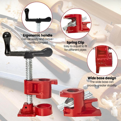 Eight Pack 3/4 Inch Pipe Clamps For Woodworking And Gluing Set Heavy Duty Cast Iron Pipe Clamp Fixture, ergonomic handle, spring clip