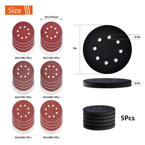5 Inch 8 Hole Hook And Loop Sanding Pad Kit with 5 Pcs Soft Density Interface Pads and 30 Pcs Sanding Discs in Grit 100-400