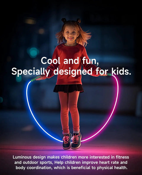 Young girl using Light Up Jump Rope With Colorful LED Glow, Adjustable Skipping Rope For Kids And Grownups, pink night glow
