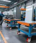 Rock Solid Heavy Duty Caster Wheels With Tough Polyurethane Treads And Rustproof Cast Iron Cores For Platform Dollies And Military Gear 4000 Lb Rating Two Brake Two Swivel on industrial platform dolly in manufacturing facility.