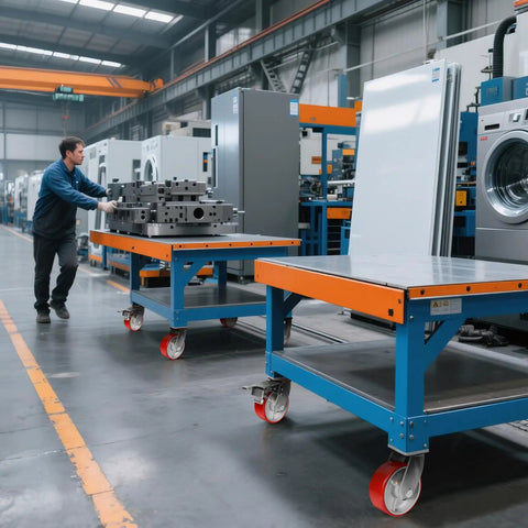 Rock Solid Heavy Duty Caster Wheels With Tough Polyurethane Treads And Rustproof Cast Iron Cores For Platform Dollies And Military Gear 4000 Lb Rating Two Brake Two Swivel on industrial platform dolly in manufacturing facility.