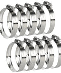 All In One Hose Clamp Kit For Auto And Plumbing, Ten Pack Stainless Steel Adjustable Worm Gear Clamps From One And A Quarter Inch To Two And A Quarter Inch