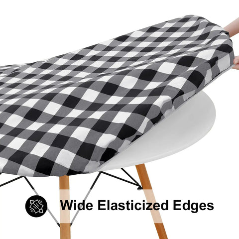 Round Picnic Tablecloth With Elastic Edges Waterproof Fitted Vinyl Cover For 36 to 44 Inch Tables Flannel Back Buffalo Plaid Black And White