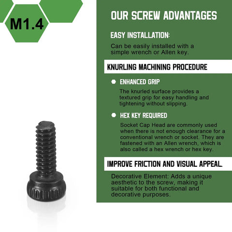 Close-up of M1.4 by 5mm hex socket head cap screw, featuring knurled grip for easy tightening and black finish.