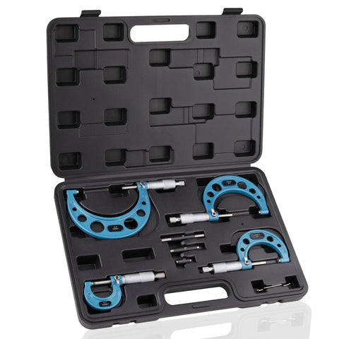 Four Piece Outside Micrometer Set For Machinists Ultra High Precision 0.0001 Inch Graduation Measures 0 To 4 Inches Carbide Faces