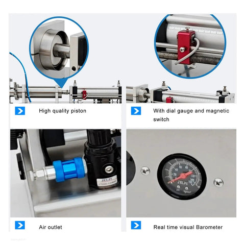 Detail of Built Tough Automatic Bottle Filler's high quality piston, gauge, air outlet, and barometer features.