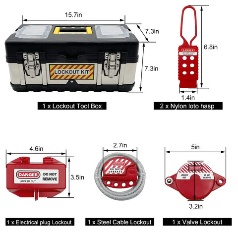 Image showing lockout tagout kit with clamp on circuit breaker locks, group lockout hasps, safety tags, and portable steel toolbox.