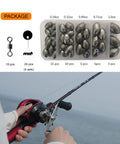 Olive Lead Egg Sinker Weights Set with assorted sizes in tackle box, and a fishing rod in use over water.