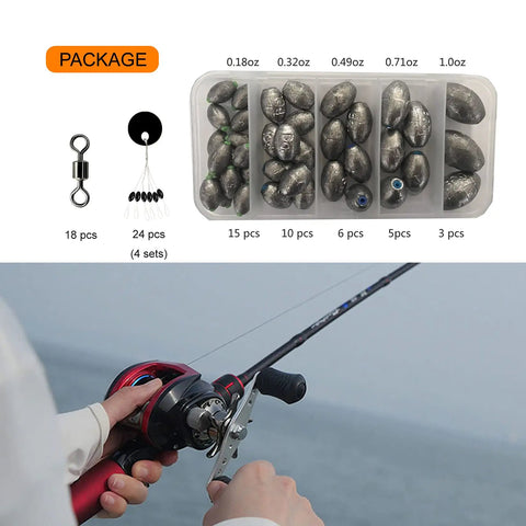 Olive Lead Egg Sinker Weights Set with assorted sizes in tackle box, and a fishing rod in use over water.