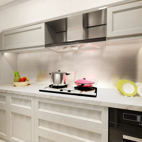 Modern kitchen with stainless steel appliances, featuring Stainless Steel Look Self Adhesive Vinyl Contact Paper 15.74 Inch By 708.66 Inch For Appliances Kitchen Countertops Heat Resistant Easy Install Roll For Refrigerator Dishwasher Oven Door And Furniture on cabinetry.