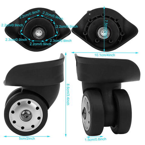 A88 Multi Hole Wheel Replacement Set For Small Black Trolley Suitcases, universal caster wheels, PP and PET material, side view.