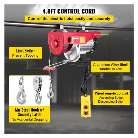 Heavy Duty 800 Kg Electric Chain Hoist Winch With Remote Control For Forklifts Warehouses And Building Sites Plus High Power 1450 Watt Motor with 4.8ft control cord and limit switch.