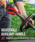 40 Volt Brushless Cordless String Trimmer With 16 Inch Cut Width And Multi Head System Includes 4 Ah Battery Plus Fast Charger For Gas Free Lawn Care showing adjustable auxiliary handle for comfortable grip.