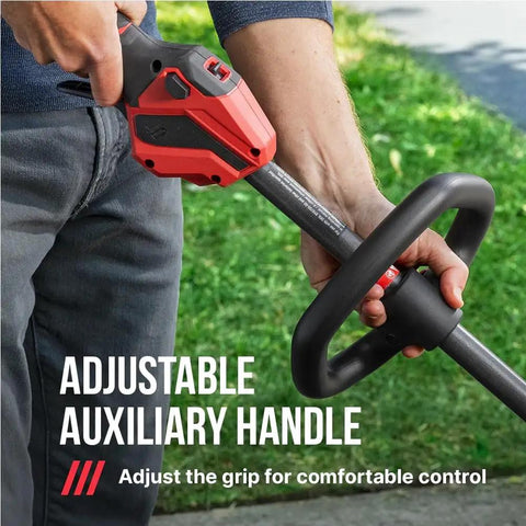 40 Volt Brushless Cordless String Trimmer With 16 Inch Cut Width And Multi Head System Includes 4 Ah Battery Plus Fast Charger For Gas Free Lawn Care showing adjustable auxiliary handle for comfortable grip.