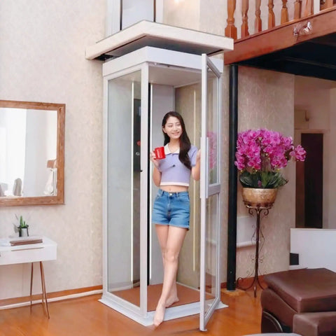 Through Ceiling Compact Home Elevator Shaftless Design For Space Saving Living With Zero Wall Damage Heritage Approved, woman standing in glass home lift