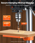 Close-up of 8 Inch Benchtop Drill Press With Five Speed Settings 750 1140 1740 2340 3200 RPM drilling wood