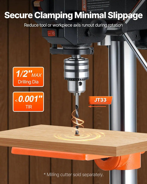 Close-up of 8 Inch Benchtop Drill Press With Five Speed Settings 750 1140 1740 2340 3200 RPM drilling wood