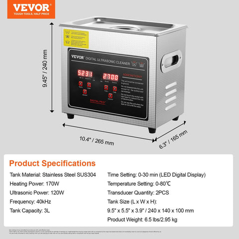 Front view of VEVOR ultrasonic cleaning machine with digital timer and heater, 3L stainless steel tank.