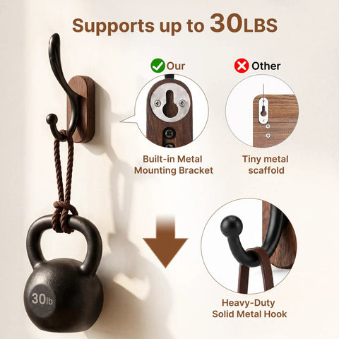 4 Pack Wall Mounted Coat Hooks Heavy Duty Double Design Hang Your Fits Smoothly Premium Walnut Wood Black Metal Frame with kettlebell.