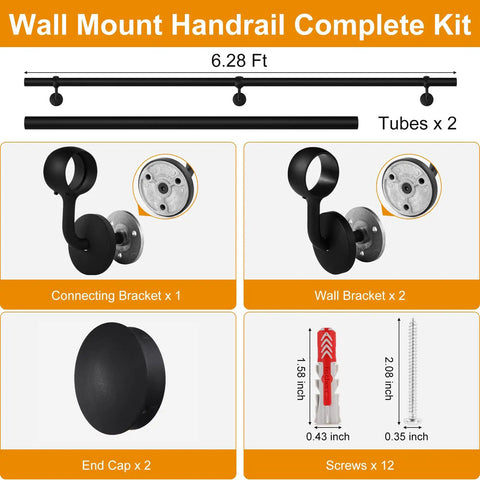 Rock Solid Steel Staircase Handrail Six And A Half Feet Long No Sweat Wall Mount Indoor Safety Railing With Grippy Matte Black Coating for indoor use kit components.