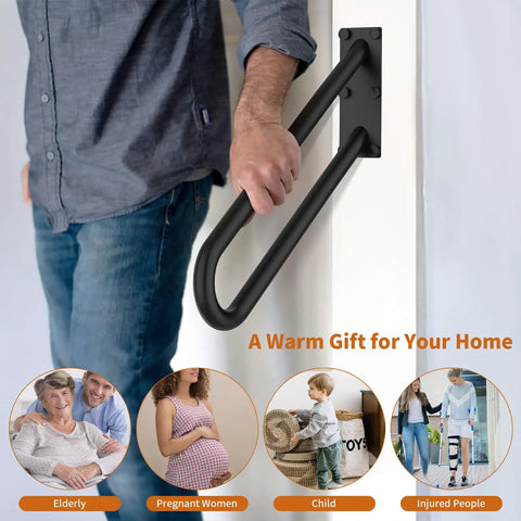 Person using 20 inch stainless steel handrail for 1 to 3 steps, 1.25 inch tube, oil rubbed white safety grab bar, wall mounted