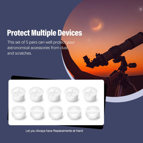 Universal 1.25 Inch Telescope Dust Cap And Plug Kit For Eyepieces Barlow Lenses T Adapters Focuser Diagonal And Other 1.25 Inch Accessories Includes Five Dust Caps And Five Dust Plugs For Dual Layer Dust Protection, shown with telescope at sunset.