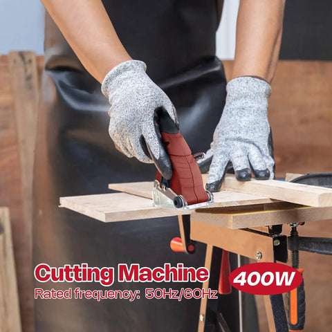 Person using Corded Mini Circular Saw Kit With 400W 110V Power, 3400 RPM, and 6 blades for precise cuts on wood.