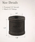 Image showing dimensions of a 3/4-inch malleable cast iron pipe coupling for 20-Pack 3/4-Inch Malleable Cast Iron Pipe Couplings For Threaded Black Pipes And Fittings Dope For DIY Steampunk Industrial Vintage Style Flanges And Heavy Duty Secure Connections.