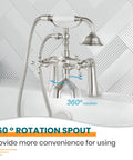 Deck Mount Clawfoot Tub Faucet With Telephone Shaped Handheld Shower 6 Inch Center Vintage Style 360 Degree Rotation Spout And Cross Handles Brushed Nickel Tub Filler Durable Solid Brass on white tiled wall with rotation highlight