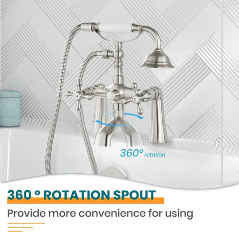 Deck Mount Clawfoot Tub Faucet With Telephone Shaped Handheld Shower 6 Inch Center Vintage Style 360 Degree Rotation Spout And Cross Handles Brushed Nickel Tub Filler Durable Solid Brass on white tiled wall with rotation highlight