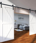 8 Ft Double Door Sliding Barn Door Hardware Kit With Quiet I Shaped Rollers Beefed Up Heavy Duty Steel Tracks, installed.