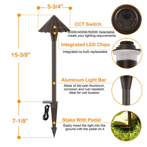 Selectable 3000K 4000K 5000K LED Landscape Pathway Lights Pack Of 6 Low Voltage 5W 12V 15V AC DC Waterproof design details