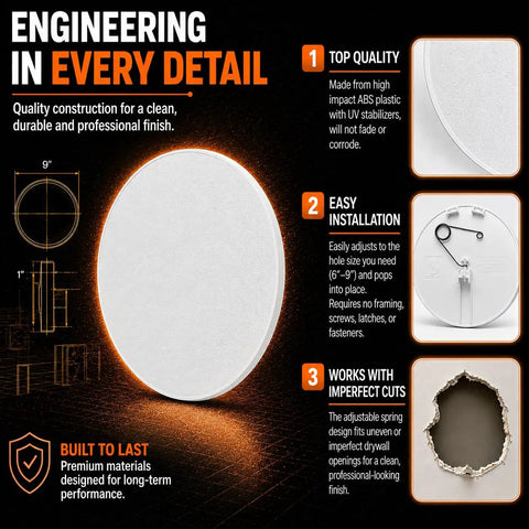 Snap Right In And Plug That Hole Fast With This Heavy Duty Round Spring Access Panel For Drywall Ceiling Crafted From Durable Abs Plastic For Quick Electrical And Plumbing Fixes In Clean White Fits Six To Nine Inches, showcasing installation details.
